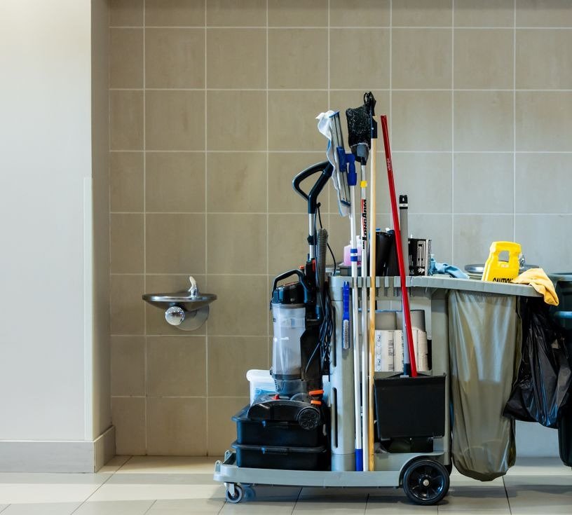 Housekeeping trolley with cleaning supplies